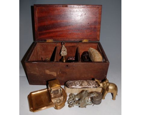 19th century mahogany box and contents to include silver mounted brushes, inkwell etc
