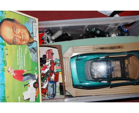 A box of assorted scale model and diecast toy vehicles together with a boxed Bob Hope Golfing Game