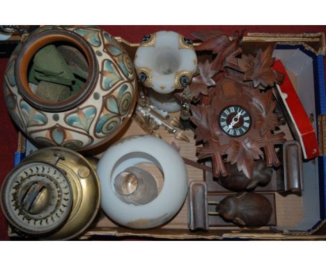 Mixed lot to include; cuckoo clock, Victorian lustre, lacquered brass oil lamp, pair of book-ends etc 