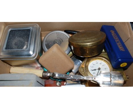 Mixed lot to include eastern brass trinket jar and cover, brass lancet shaped mantel clock and a silver plated Stilton scoop