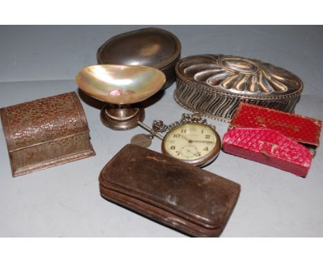 Mixed lot to include early 20th century silver trinket box, and a Jaeger L'Coulture military stop watch, etc