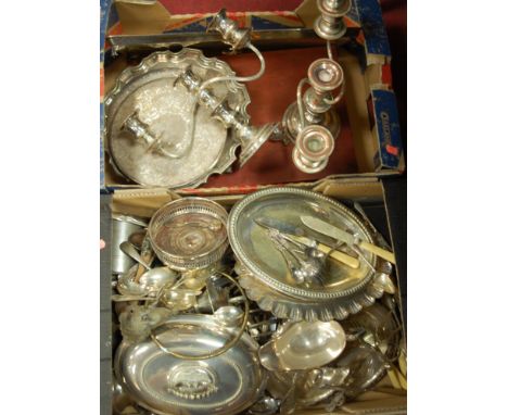 Two boxes of assorted plated and metal wares to include entree dishes, pair three light candelabra, cased and loose flatware 
