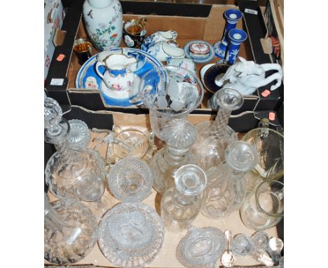 *Delft clogs & Trinket box removed* Two boxes of miscellaneous china and glass to include; etched glass celery vase, pair of 