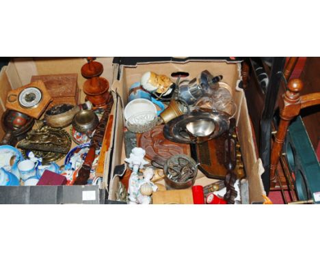 Two boxes of miscellaneous items to include barometer, china figure, a beech magazine rack