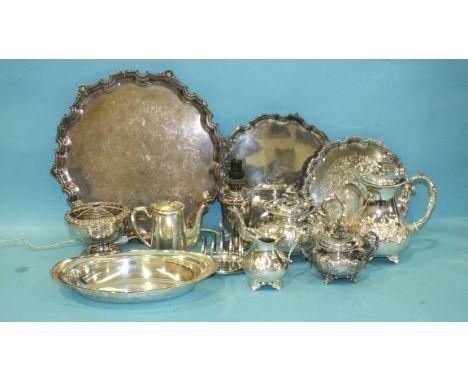 Three plated salvers, an EPBM tea service and other metalware.