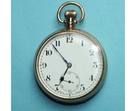 A 9ct gold-cased keyless open-face pocket watch, the white enamel dial with Arabic numerals and seconds subsidiary, the plain