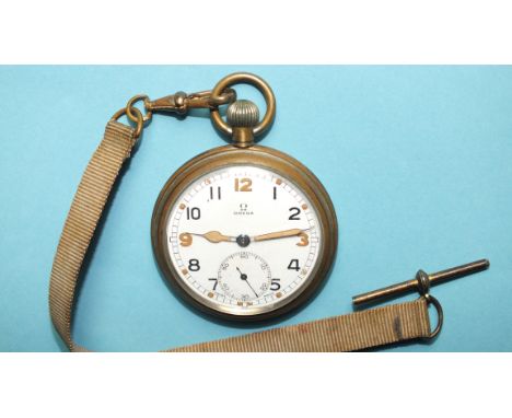 A General Service Trade Pattern (GSTP) military-issue Omega keyless pocket watch with nickel case, stamped GSTP below arrow, 