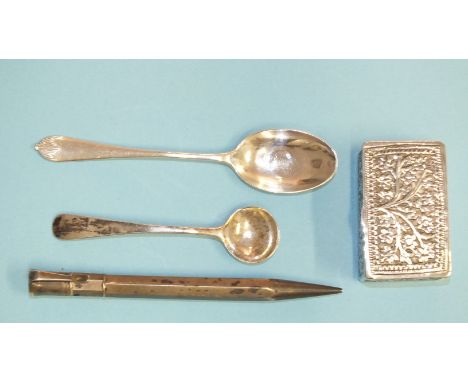 A Sampson Mordan &amp; Co. silver propelling pencil, an Indian white metal snuff box and two small silver spoons, (4).