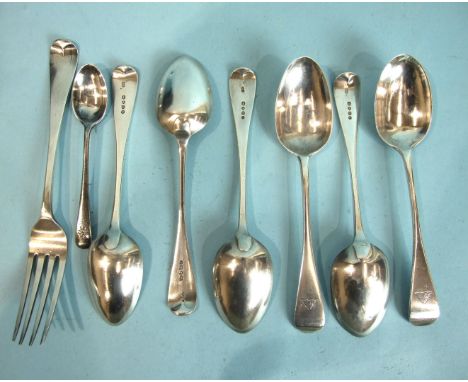 A set of six Old English pattern dessert spoons, London 1876, maker G.A, a Victorian fork and a modern teaspoon, ___12oz.