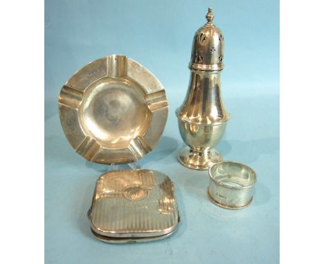 A 20th century sugar caster of baluster form, with pierced finialled lid, 18cm high, Birmingham 1938, a plain ashtray, an eng