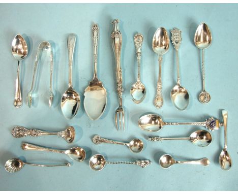 A collection of unmatched silver teaspoons and a pickle fork, ___6oz.