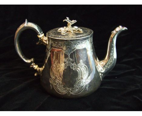 A Victorian teapot of tapered form and good gauge, with flower finial lid, the body engraved with two vacant cartouches, Lond