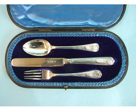 A  christening cutlery set, well-presented in fitted baize-lined box, comprising a small spoon, fork and knife, with shell te