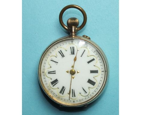 A lady's 9ct gold-cased keyless pocket watch, the white enamel dial with Roman numerals, in engraved case, 34mm diameter, 33.