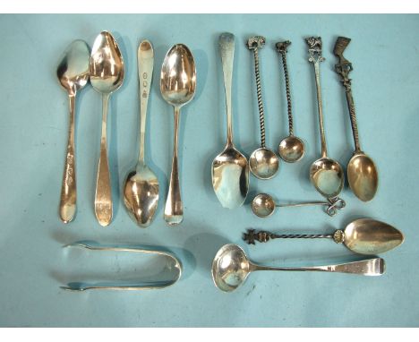 Three late 18th century Irish teaspoons, Dublin, maker John Shiels, an early-19th century small sauce ladle and other small s