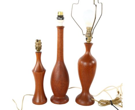 3 mid-century teak table lamp bases, tallest 44cm 