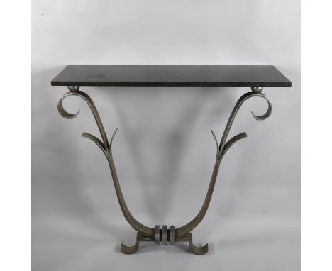 A Hollywood Regency Art Deco design iron console table with marble top in the manner of Villiers, height 90cm, 94 x 30cm