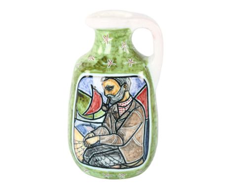 ERIK PLOEN (1925-2004), Norway, A hand painted stoneware jug, with fisherman portrait, signed to base, height 21.5cm 