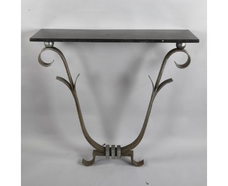 A Hollywood Regency Art Deco design iron console table with marble top in the manner of Villiers, height 90cm, 94 x 30cm