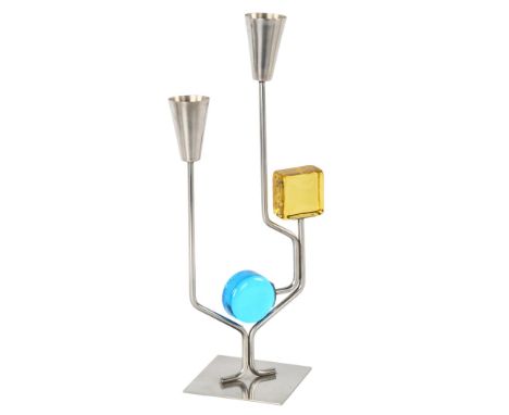A mid-century Danish steel and glass candlestick, marked Denmark to base, height 20cm 