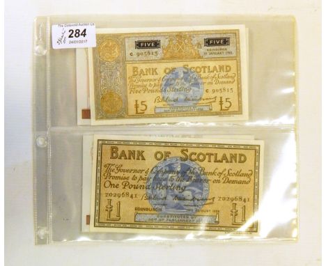 Four Bank of Scotland banknotes, comprising one £5 note (11 January 1965 signed Bilsland), one £1 note (29 August signed Bils
