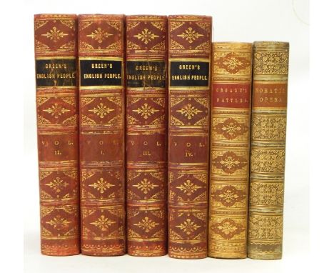 Green, J R "A Short History of the English People", MacMillan & Co 1902, 4 vols, full red leather, marbled ep, gt dentelles, 