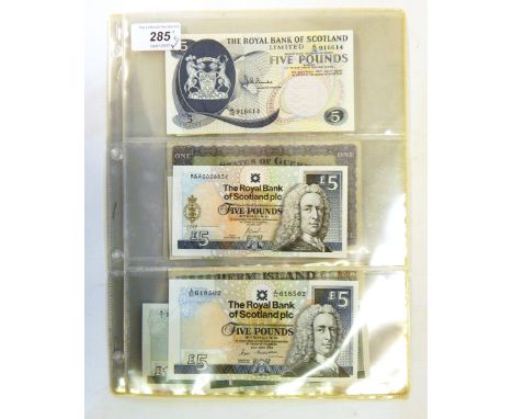 Seven Royal Bank of Scotland banknotes comprising one £5 note, (15 July 1970 signed J M Burke), one £5 note (22 June 1988 sig