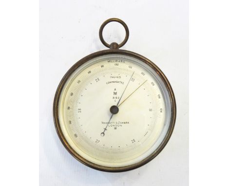 Negretti & Zambra brass hanging aneroid barometer, cylindrical in drum case 