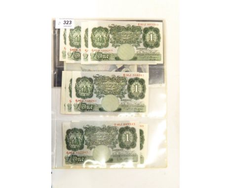 Ten Bank of England £1 notes, eight signed by P S Beale and two signed by L K O'Brien, all EF, a Bank of England £5 note with