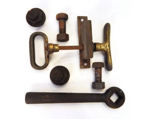 Brass LNWR carriage handle and other railway fittings including nuts and bolts, window handles and various tools 