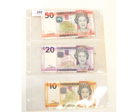 Five Jersey first issue 2010 banknotes, comprising one £50 note, one £20 note, one £10 note, one £5 note, and one £1 note, al