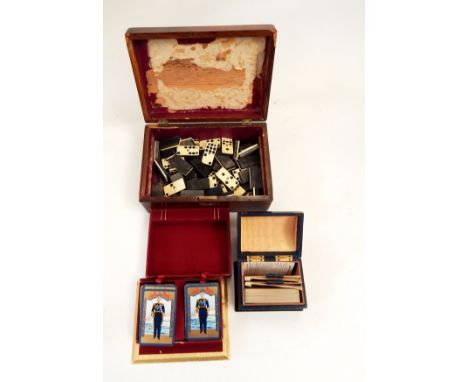 Set of 1953 coronation playing cards, boxed, a gilt leather covered bridge box, quantity wood and painted dominoes and a stai