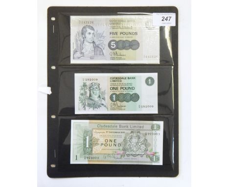 Clydesdale £5 banknote (1971 signed R D Fairbairn) plus four £1 notes dated from 1950, various signatures, all unc. (5)