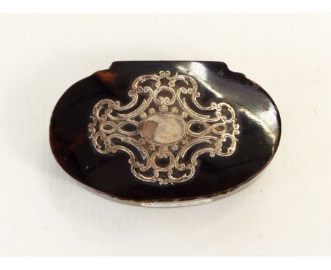 Horn snuff box with shaped sides and tortoiseshell inlay to top, oval shaped tortoiseshell snuff box with scroll coloured sil