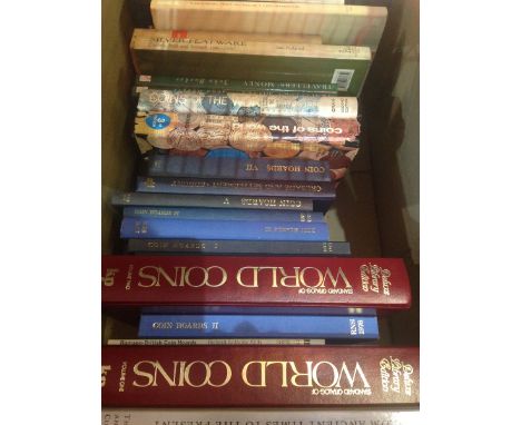 Quantity of books on coins, coin collection, silver, flatware, Jacksons silver and gold marks, etc. (1 box)  CONDITION REPORT