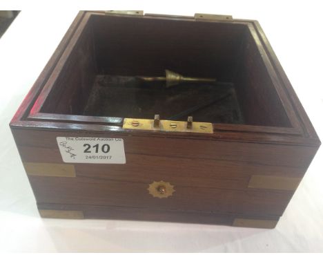 Brass bound rosewood marine chronometer lid with glazed panel and brass key 
