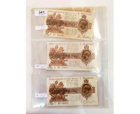 Three £1 notes, first, second and third issue, signed by John Bradbury, good fine near VF and two 10s treasury notes signed b
