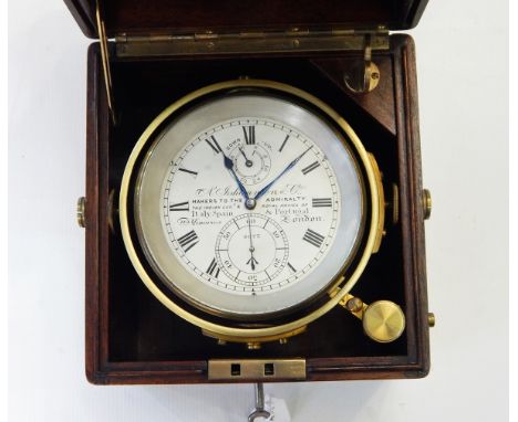 Marine chronometer by A Johannsen & Co, Italy, Spain and Portugal, no.8075, on brass gimbal with two subsidiary seconds dial,