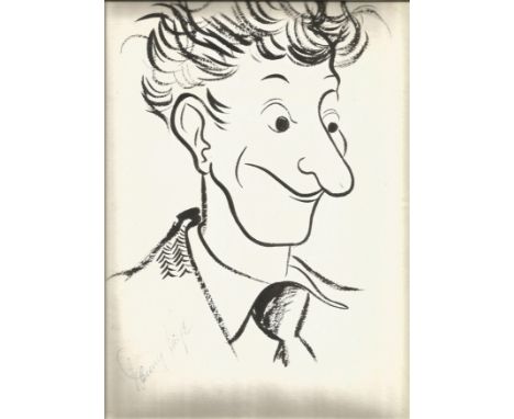 Danny Kaye signed A4 sized ORIGINAL Pen and Ink Sketch of Kaye penned by artist Denis Lord, rare item.  Good Condition. All a