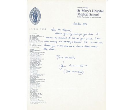JPR Williams ALS dated 6th Dec 1982 on St Marys Hospital Medical School headed paper excepting an invitation a to forum. John
