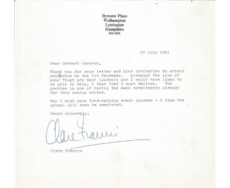 Claire Francis TLS dated 17th July 1981 on headed paper replying to an invitation to a forum. Clare Mary Francis MBE (born 17