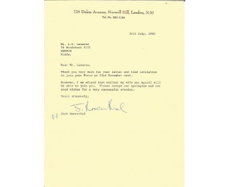 Jack Rosenthal TLS dated 30th July 1980 on headed paper replying to an invitation to a forum. Jack Morris Rosenthal CBE (8 Se