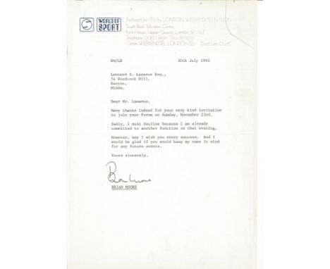 Brian Moore TLS dated 30th July 1980 on World of Sport headed paper replying to forum invitation. Brian Baden Moore (28 Febru