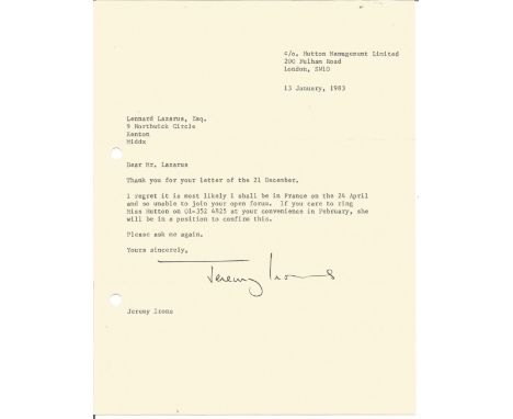 Jeremy Irons TLS dated 13th January 1983 addressed to Hutton Management Ltd replying to an invitation to a forum meeting. Jer