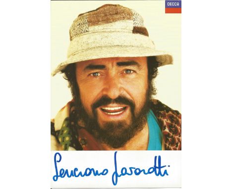 Pavarotti signed 7 x 5 inch colour Decca records photo. Good Condition. All autographed items are genuine hand signed and com