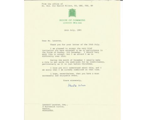 Harold Wilson TLS dated 16th July on House of Commons headed paper replying to invitation to a forum. James Harold Wilson, Ba