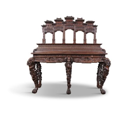   A LARGE AND RARE THREE PARTS 'PAGODA BACK' CEREMONIAL ALTER TABLE  Vietnam c.1900  of rectangular shape, the raised archite