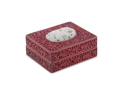 A CINNABAR LACQUER BOX AND COVER, INLAID WITH JADE   19-20世纪 剔红嵌玉春水佩长方盒  China, 19-20th century  Of rectangular form, decorat