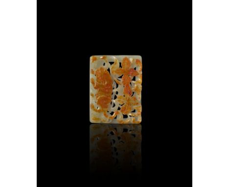 A RECTANGULAR CELADON AND RUSSET JADE PENDANT RETICULATED WITH TIGER AND FLOWERS   清代 青玉提色透雕虎纹玉佩  China, Qing dynasty.  Size: