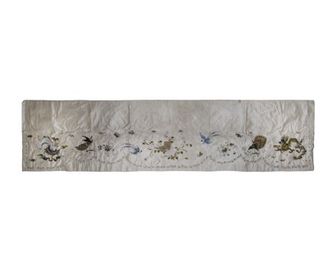 A LIGHT-YELLOW GROUND SILK PANEL WITH TURTLE, PEACOCK, PHOENIX, DRAGON AND ‘THO’ CHARACTER  Vietnam, 19th century  Size: 226 